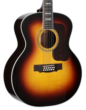 Guild F512E 12 String Acoustic Electric Guitar Antique Burst with Case Body Angled View
